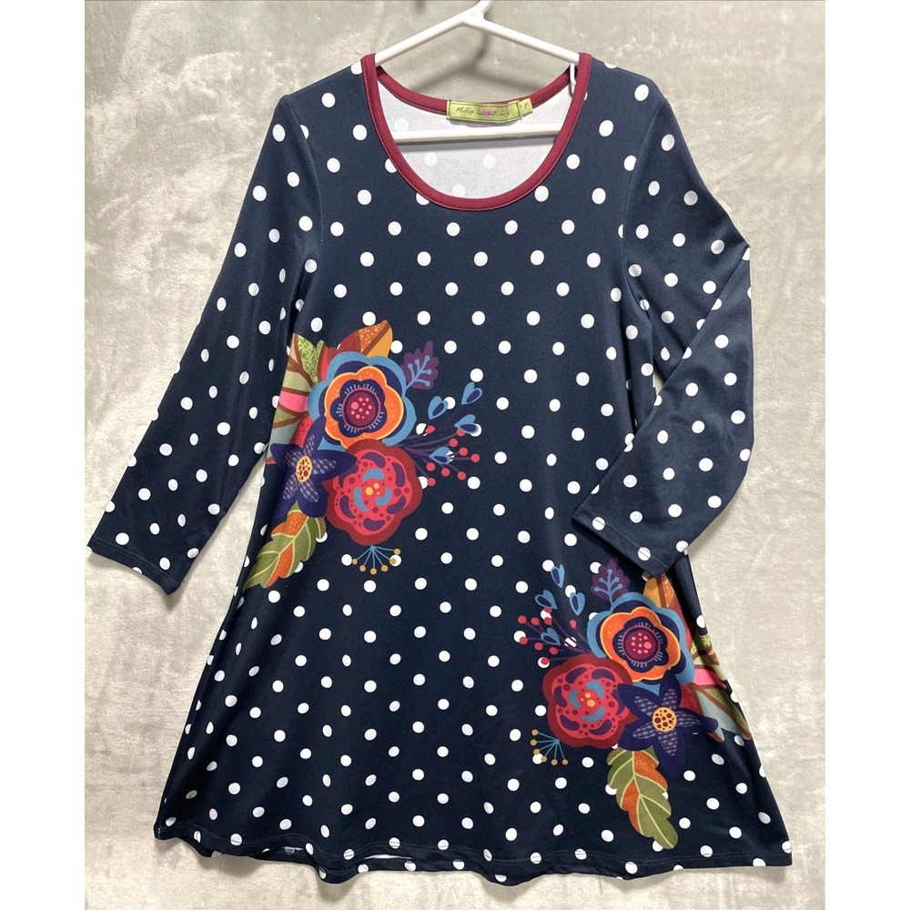 Millie Loves Lily Girls Size 8 Dress Navy Polka Dot Floral Long Sleeve Stretch